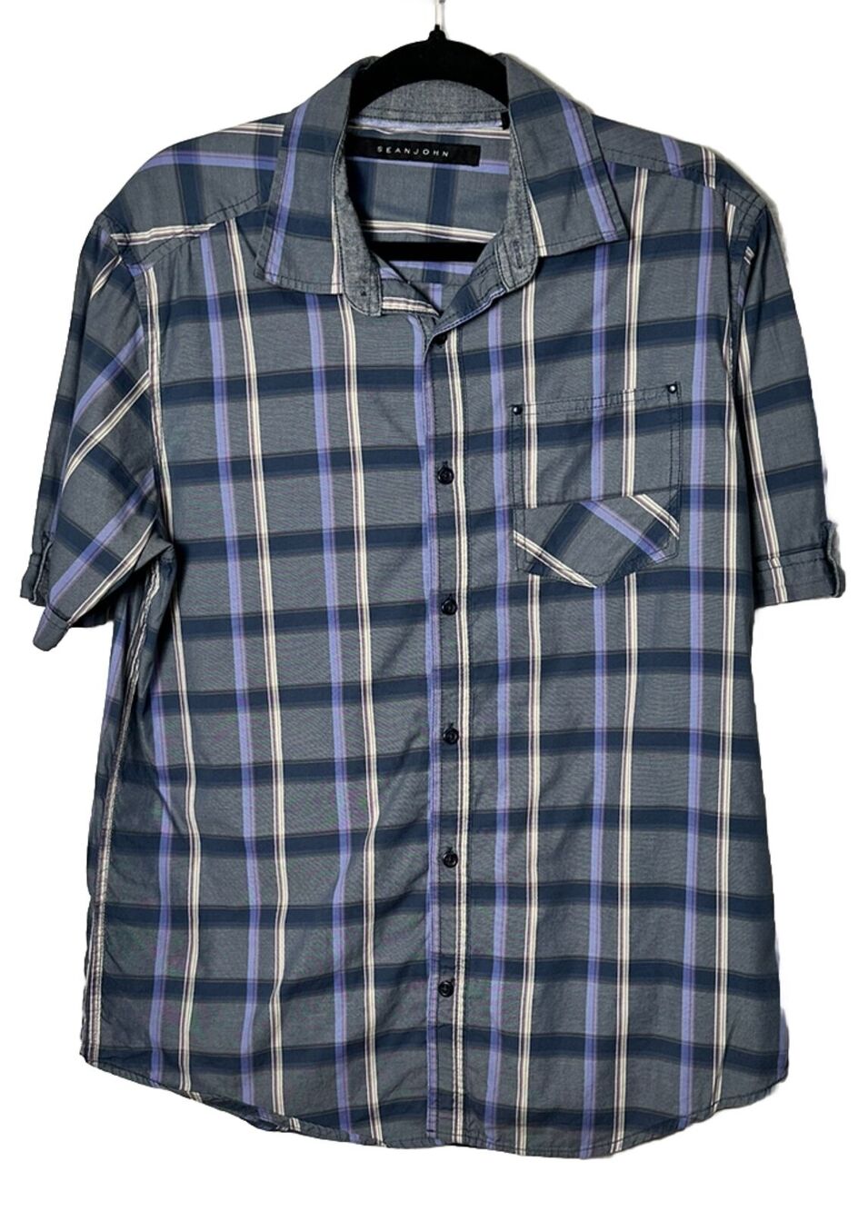 SEAN JOHN Men's Multicolor Plaid Button Down Short Sleeve Shirt Pocket Medium